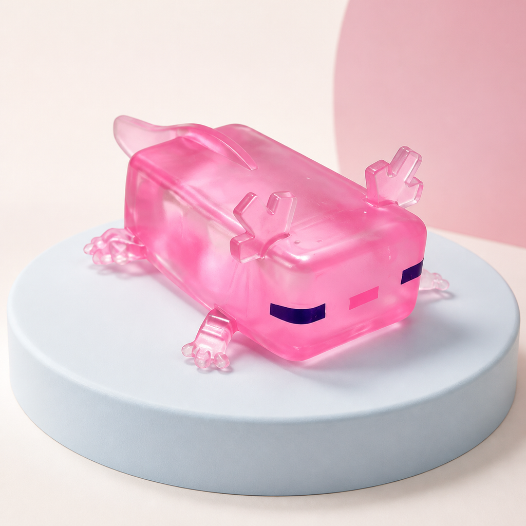 Squishy ajolote rosado transparente en fotografia de estudio